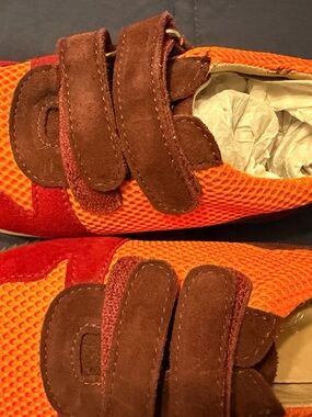 Kids Orange Mesh Sneakers with Brown Suede Straps